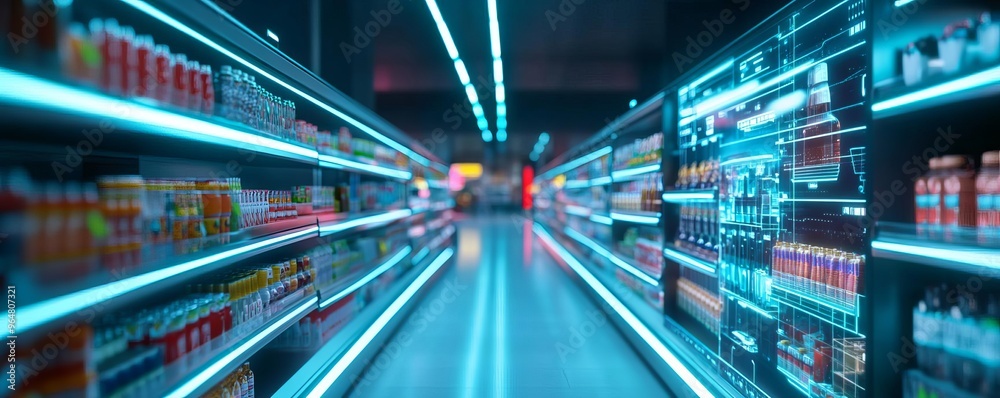 Futuristic grocery shopping, digital product displays, holographic aisles Futuristic grocery shopping, digital product displays, holographic aisles