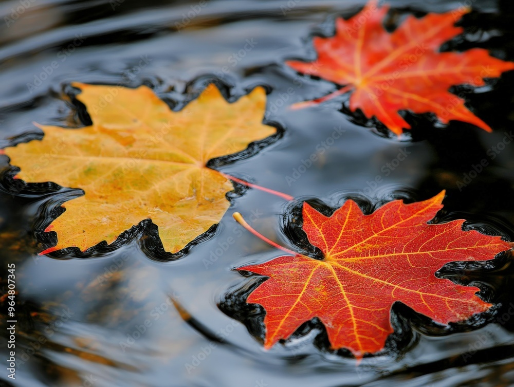 Colorful autumn leaves floating on serene water surface during fall