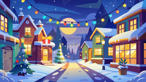 Festive Winter Village Scene with Snow and Christmas Lights
