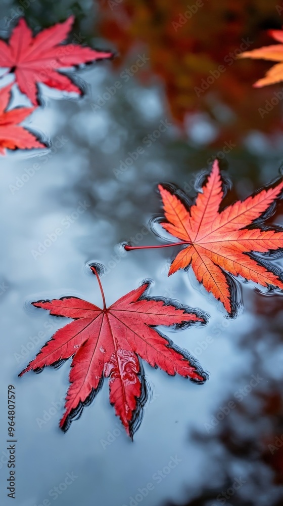 Vibrant red maple leaves floating on calm water in autumn afternoon light Vibrant red maple leaves floating on calm water in autumn afternoon light
