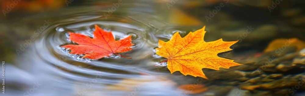 Colorful autumn leaves floating on water with ripples in serene nature Colorful autumn leaves floating on water with ripples in serene nature