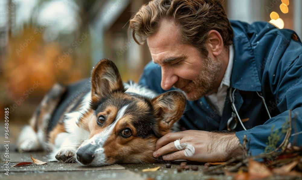 A joyful moment between a man and his playful corgi in a cozy outdoor setting during a warm autumn afternoon A joyful moment between a man and his playful corgi in a cozy outdoor setting during a warm autumn afternoon