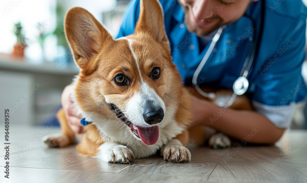 A cheerful corgi receives gentle care from a veterinary professional in a well-lit clinic, showcasing the bond between pets and their caregivers during a routine check-up A cheerful corgi receives gentle care from a veterinary professional in a well-lit clinic, showcasing the bond between pets and their caregivers during a routine check-up