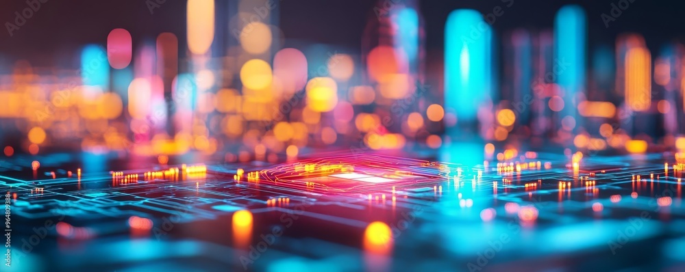 Smart energy grid, holographic power management, glowing cityscape, eco-friendly technology Smart energy grid, holographic power management, glowing cityscape, eco-friendly technology