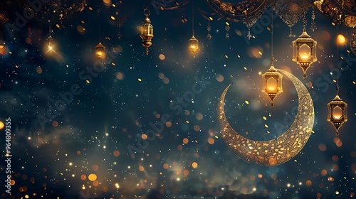 Golden Crescent Moon and Lanterns in a Festive Night Sky