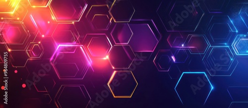 Abstract Digital Background with Glowing Hexagons in Blue, Purple, and Yellow