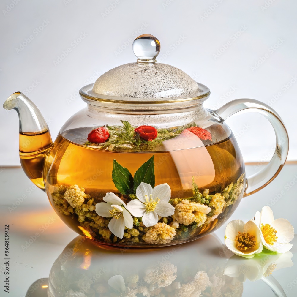 Jasmine flower infused green tea served in a glass teapot with floral accents. Generative AI Jasmine flower infused green tea served in a glass teapot with floral accents. Generative AI