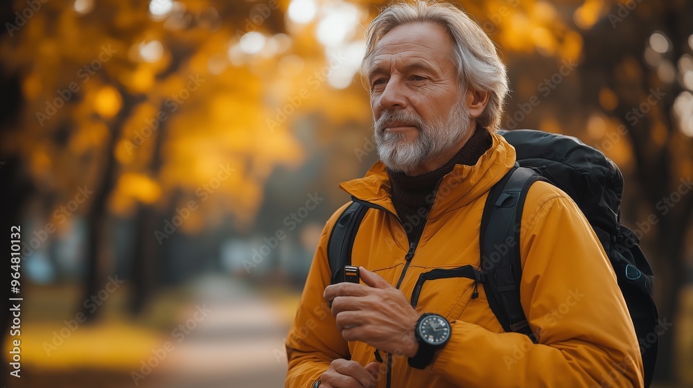 Older man hiking in an autumn park, surrounded by golden leaves, enjoying a peaceful walk while wearing a bright yellow jacket with a backpack