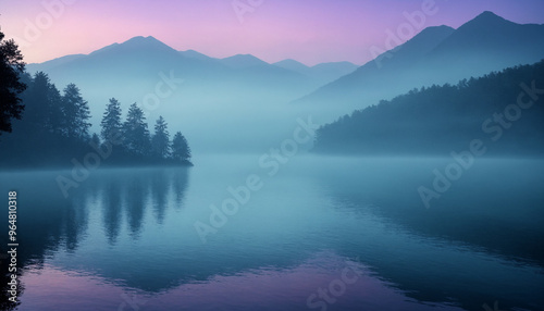 Misty Lake and Mountain Peaks at Dawn