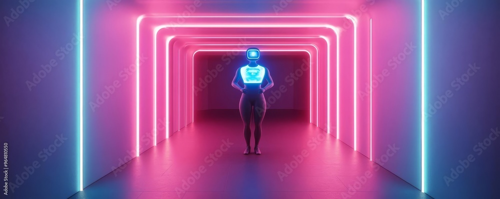 Virtual reality workout, futuristic gym, holographic personal trainer, neon lighting Virtual reality workout, futuristic gym, holographic personal trainer, neon lighting