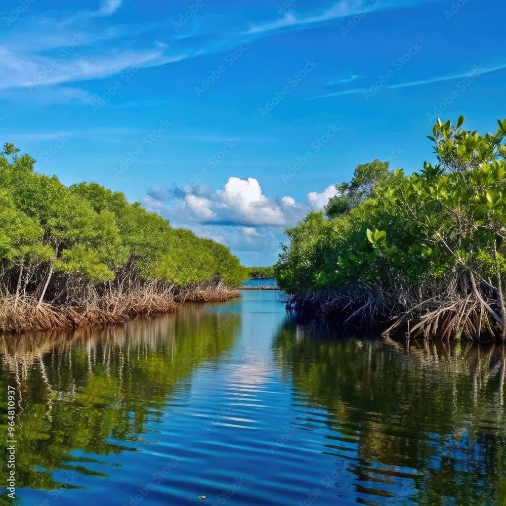 Exploring serene mangrove forests with sunlit waters and clear skies. Generative AI Exploring serene mangrove forests with sunlit waters and clear skies. Generative AI