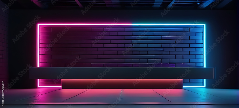 render dark room neon lights brick wall product podium rendering mockup render dark room neon lights brick wall product podium rendering mockup