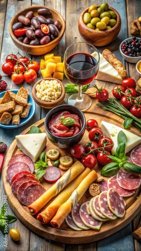 Delicious antipasti appetizers spread on a rustic wooden table. Generative AI