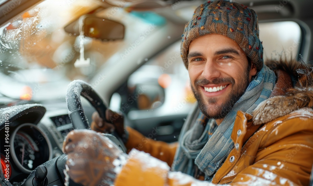 A joyful man smiles warmly from behind the wheel of his car, surrounded by a winter wonderland of snow and frosted trees during a sunny day A joyful man smiles warmly from behind the wheel of his car, surrounded by a winter wonderland of snow and frosted trees during a sunny day