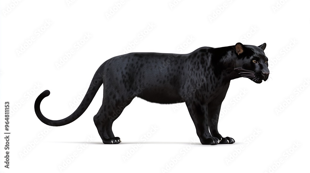 A black panther is standing on a white background