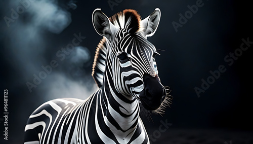 fantasy zebra depicted zebra deity god zebra set dark background mist fog smoke portrait mysterious cinematic movie poster style