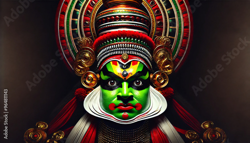 Portrait of Indian Kathakali performer with black background  photo