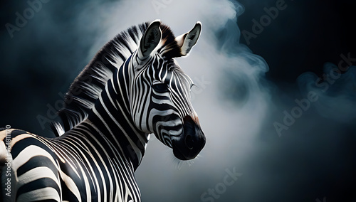 fantasy zebra depicted zebra deity god zebra set dark background mist fog smoke portrait mysterious cinematic movie poster style