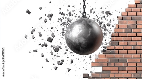 Fototapeta Naklejka Na Ścianę i Meble -  A large metal ball is being smashed into a brick wall