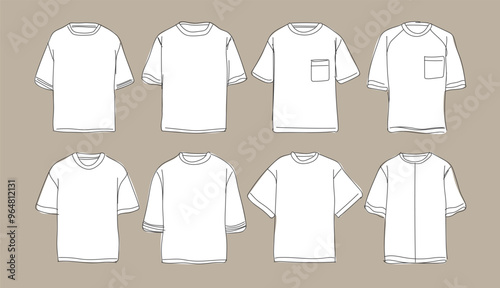 Types of t-shirts. Line drawing of T-shirt vector template set mock up isolated on white background. flat technical drawing template. Unisex T-Shirt illustration, T-shirt Mock-up. 