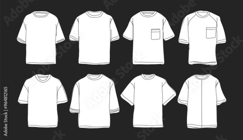 Types of t-shirts. Line drawing of T-shirt vector template set mock up isolated on white background. flat technical drawing template. Unisex T-Shirt illustration, T-shirt Mock-up. 