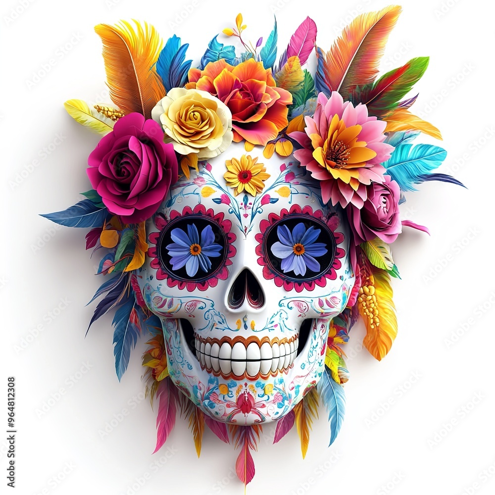 3D sugar skull with colorful flowers and feathers, white background 3D sugar skull with colorful flowers and feathers, white background