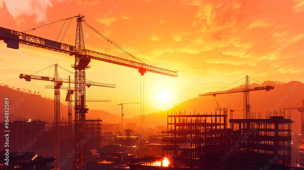 A city skyline with a large crane in the foreground and a large sun in the background. The sun is setting and the sky is a deep red color A city skyline with a large crane in the foreground and a large sun in the background. The sun is setting and the sky is a deep red color