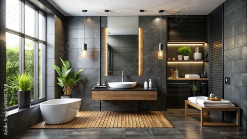 Modern black bathroom with large windows, stylish fixtures, and natural elements. Generative AI