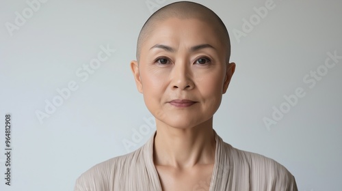 Realistic Photo of a Middle Aged East Asian Woman with Shaved Head in Beige Attire for Diverse Representation and Awareness Campaigns