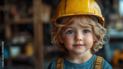 Cute little boy wearing yellow construction helmet, close-up portrait indoors. Child with blue eyes and curly blonde hair, innocent expression, playful, future builder concept