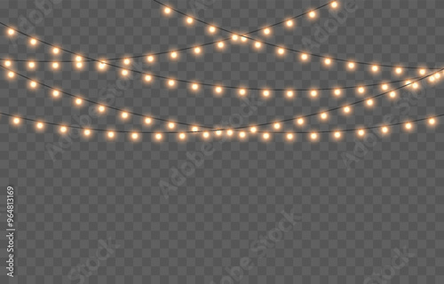 Vector Christmas garland png. Christmas light png. Holiday decoration, garland with golden lights, LED lamp.