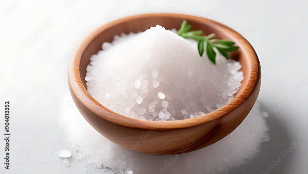 pile finely ground dried sea salt wooden bowl white background vibrant display herbs spices seasoning recipes selective focus pile finely ground dried sea salt wooden bowl white background vibrant display herbs spices seasoning recipes selective focus