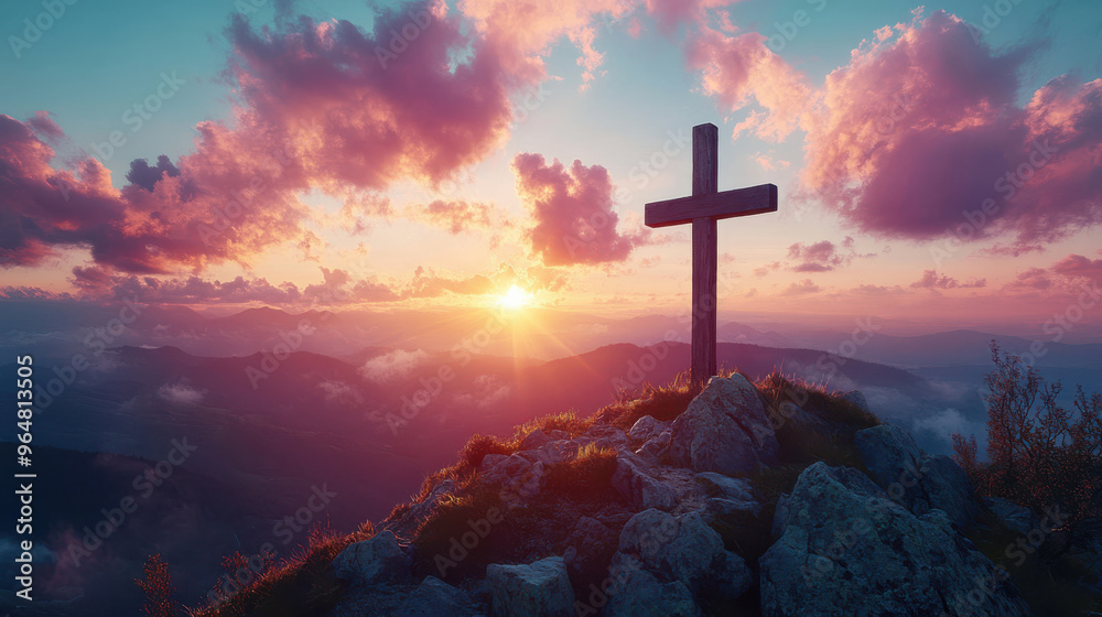 Wooden cross on mountain peak during a beautiful sunrise, peaceful and spiritual moment, glowing clouds, religious symbol on top of rocky hill, nature and faith