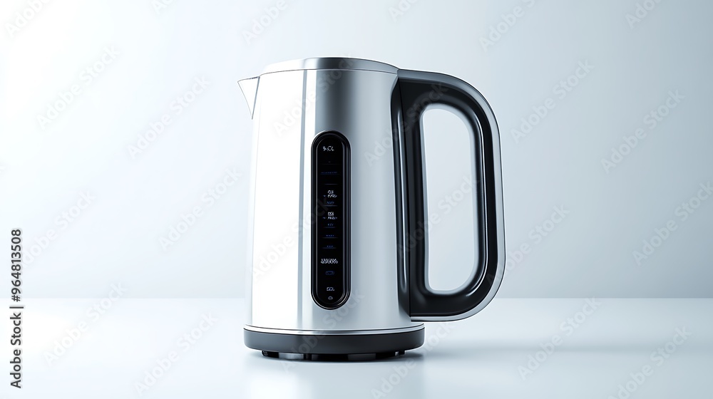 A high-tech electric kettle with a sleek, ergonomic design and a digital temperature display, centered on a pristine white backdrop. A high-tech electric kettle with a sleek, ergonomic design and a digital temperature display, centered on a pristine white backdrop.