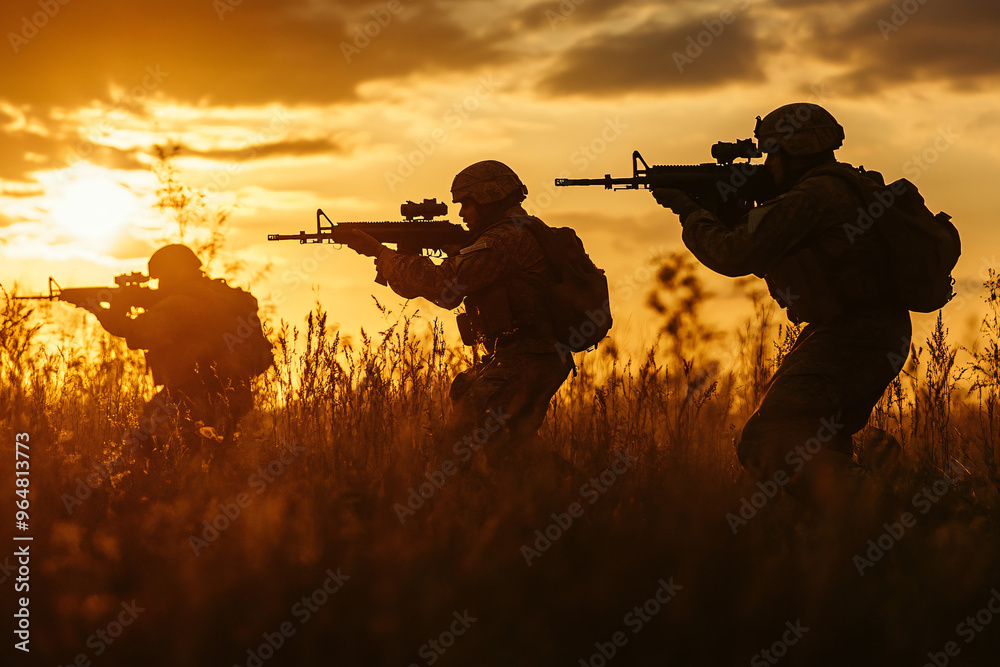 Three soldiers aiming rifles in a sunset-lit field highlighting teamwork strength and tactical precision in a natural setting Three soldiers aiming rifles in a sunset-lit field highlighting teamwork strength and tactical precision in a natural setting