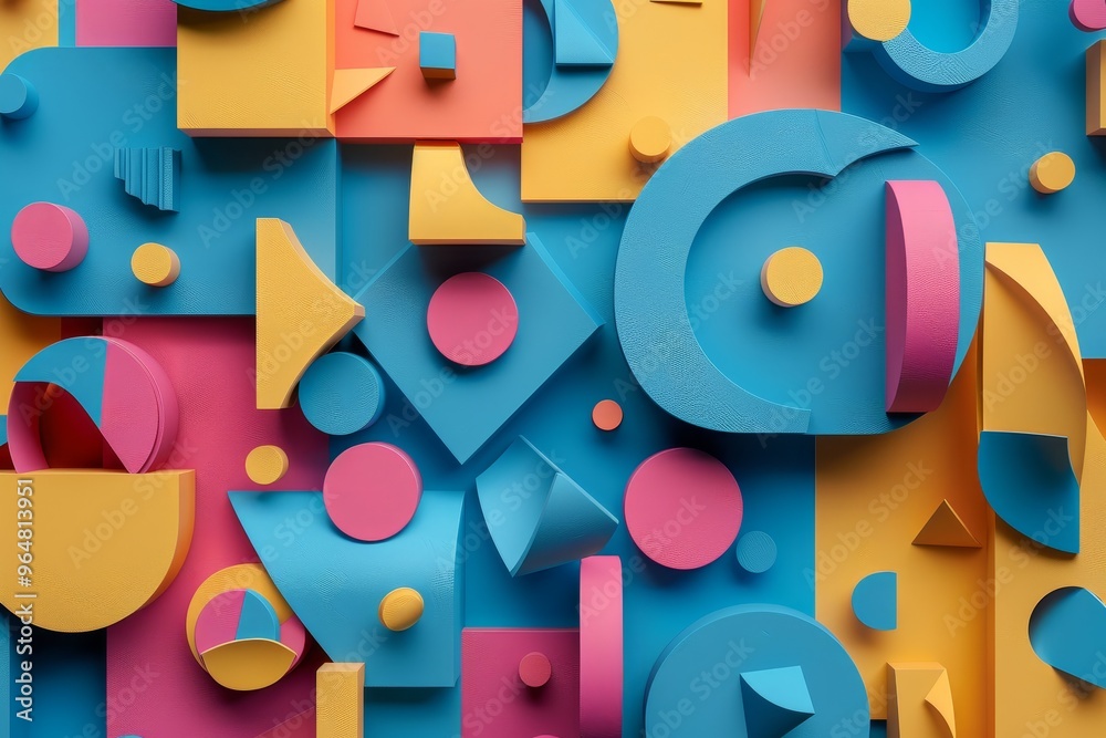 An arrangement of bold geometric shapes in blue, pink, and yellow creates a striking abstract design, perfect for backgrounds or artistic inspirations. An arrangement of bold geometric shapes in blue, pink, and yellow creates a striking abstract design, perfect for backgrounds or artistic inspirations.