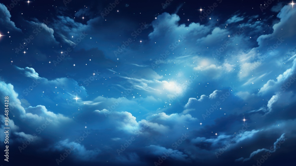 Fototapeta premium Enchanting Starry Night Sky with Glistening Stars and Soft, Fluffy Clouds Over Tranquil Horizon