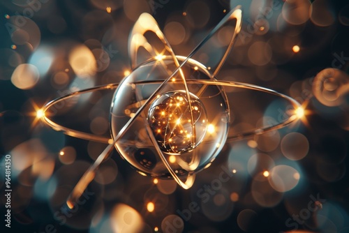 The artwork illustrates an intricate atom at its center, with luminous particles orbiting around and a captivating blend of colors in the background that evoke a sense of energy.