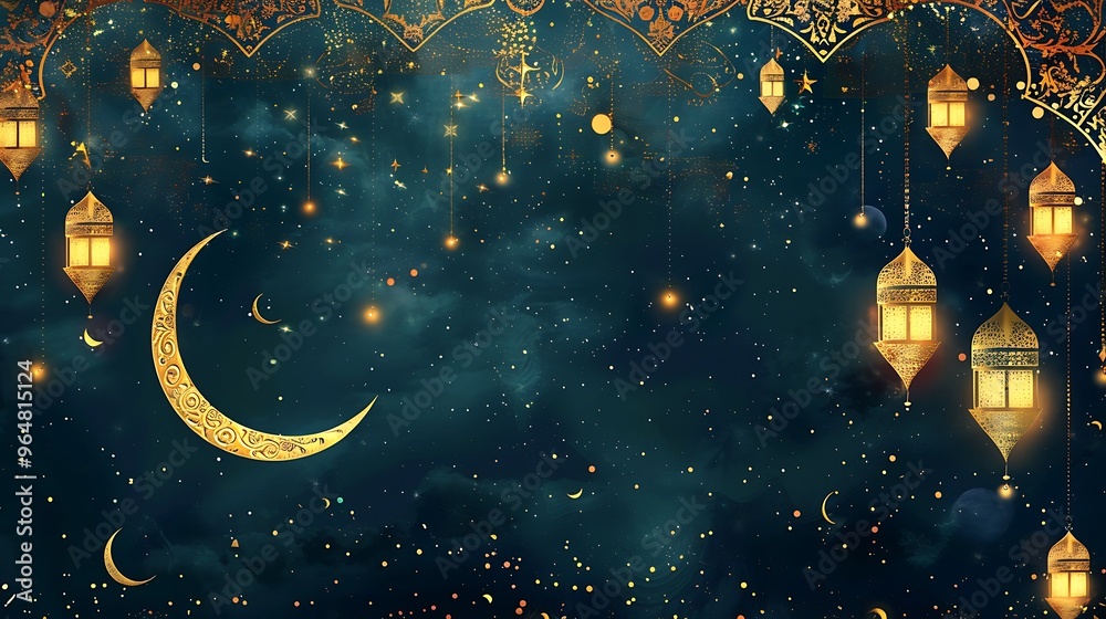 Fototapeta premium Ramadan Mubarak: Golden Lanterns and Crescent Moon Night Sky