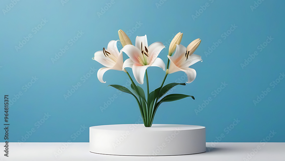 elegant white podium lily flowers blue background product presentation mockup rendering mockup elegant white podium lily flowers blue background product presentation mockup rendering mockup