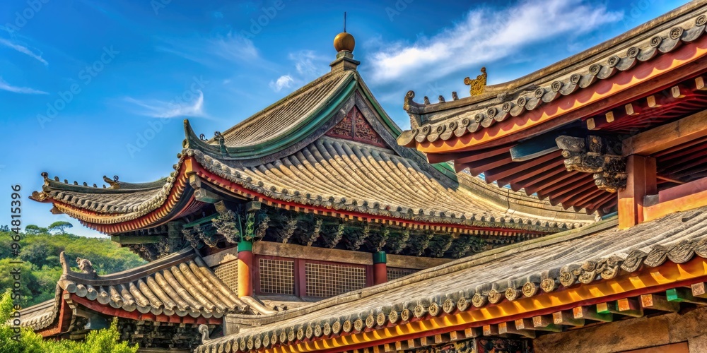 Partial eaves of Xianguding ancient building under a clear blue sky. Generative AI Partial eaves of Xianguding ancient building under a clear blue sky. Generative AI