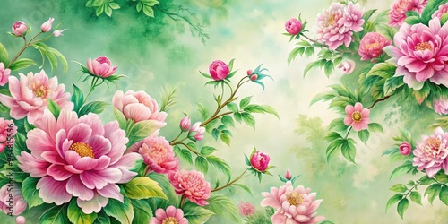 Vibrant pink and green watercolor flowers on Chinese style background. Generative AI