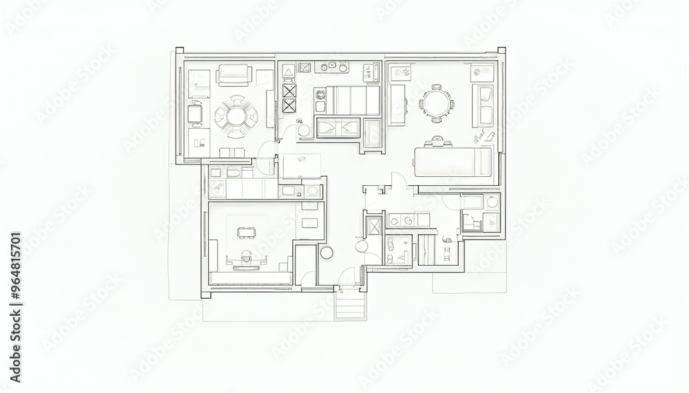 This digital floor plan presents a modern home or office layout with spacious living areas, bedrooms, and functional zones for dining and entertainment. Clean lines and strategic placement of doors This digital floor plan presents a modern home or office layout with spacious living areas, bedrooms, and functional zones for dining and entertainment. Clean lines and strategic placement of doors
