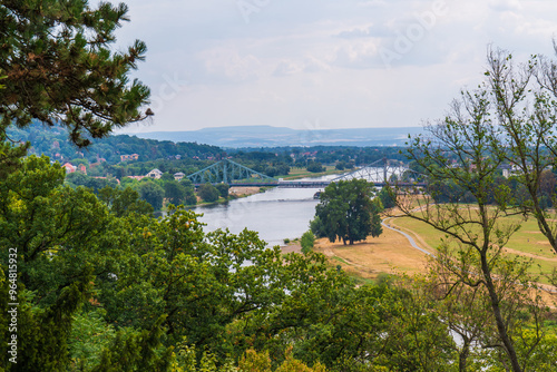 Panoramic view of Elbe River Loschwitz with old Blue Wonder Bridge. Ancient city of Dresden. Germany photo