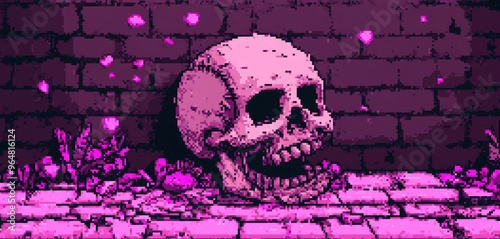 A smiling skull in pixel art style, set against a dark dungeon background. Concept of halloween spooky and horror themes