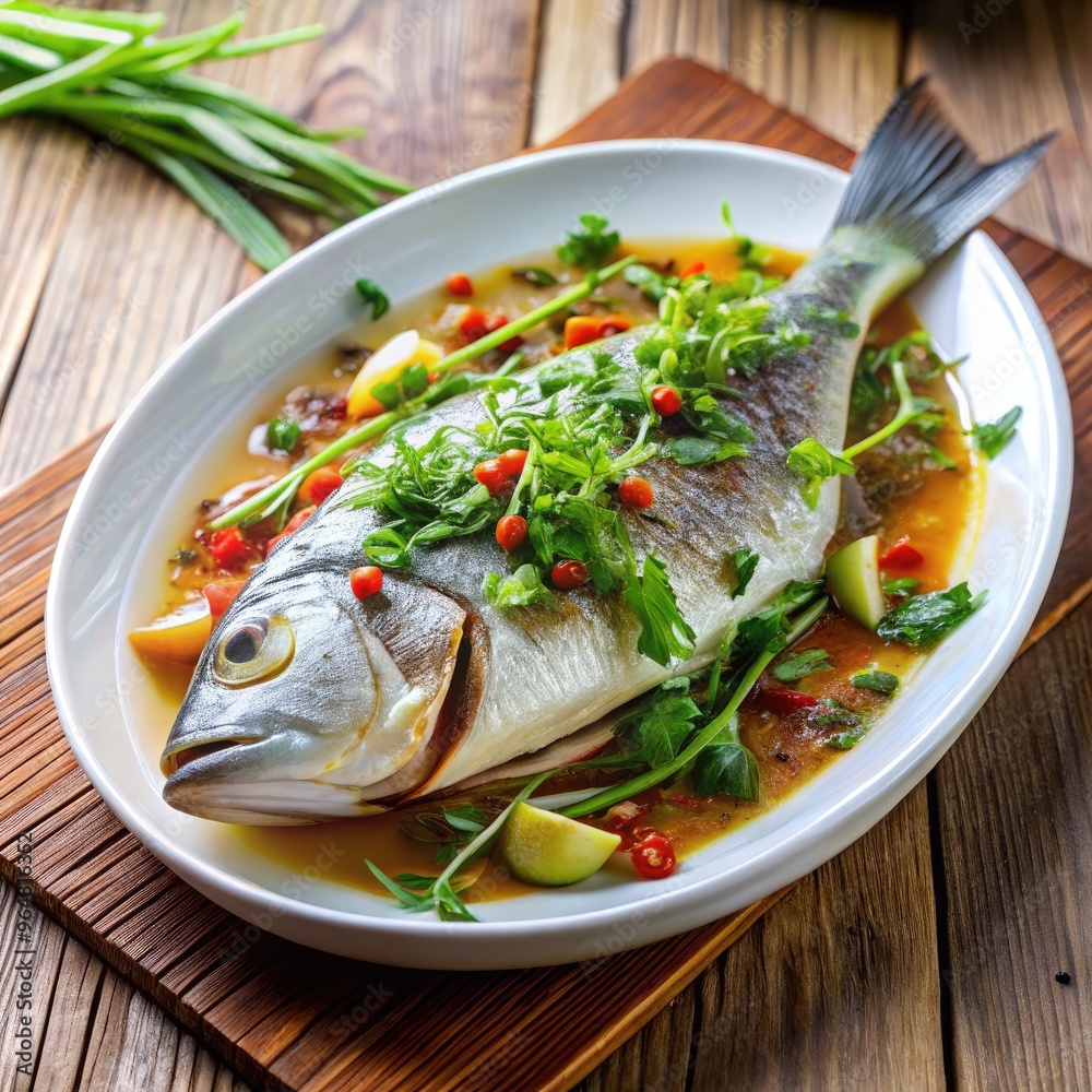Steamed fish garnished with fresh herbs served on a wooden table. Generative AI Steamed fish garnished with fresh herbs served on a wooden table. Generative AI