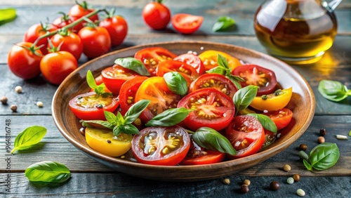 Fresh summer tomato salad with basil and olive oil on a rustic wooden table. Generative AI