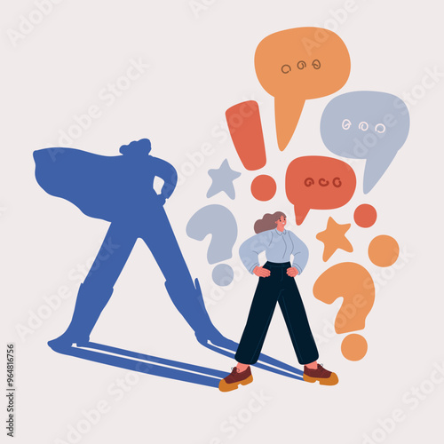 Cartoon Vector Illustration of full length portrait of three superheroes business woman wear and with cloak. Shadow of alter ego