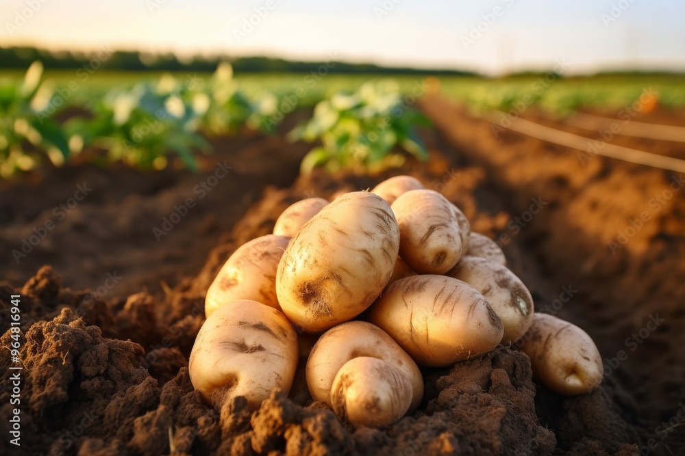 Freshly harvested young potatoes in the farmer's hands, farm field background with copy space Freshly harvested young potatoes in the farmer's hands, farm field background with copy space