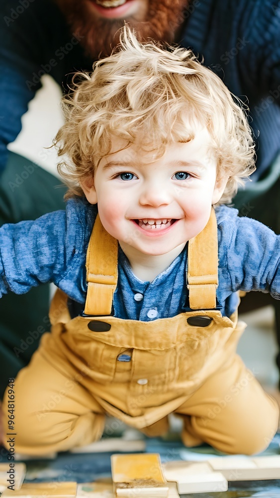 Joyful toddler in yellow overalls smiling brightly indoors Joyful toddler in yellow overalls smiling brightly indoors
